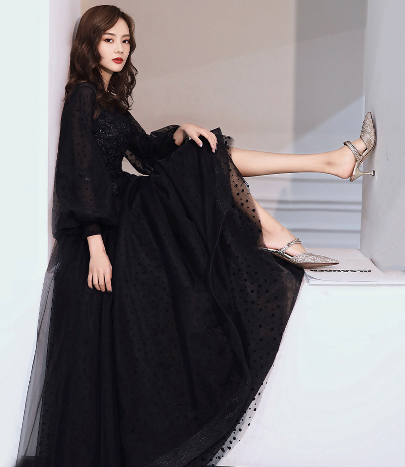 Black tulle lace long prom dress A line evening dress HZ1023