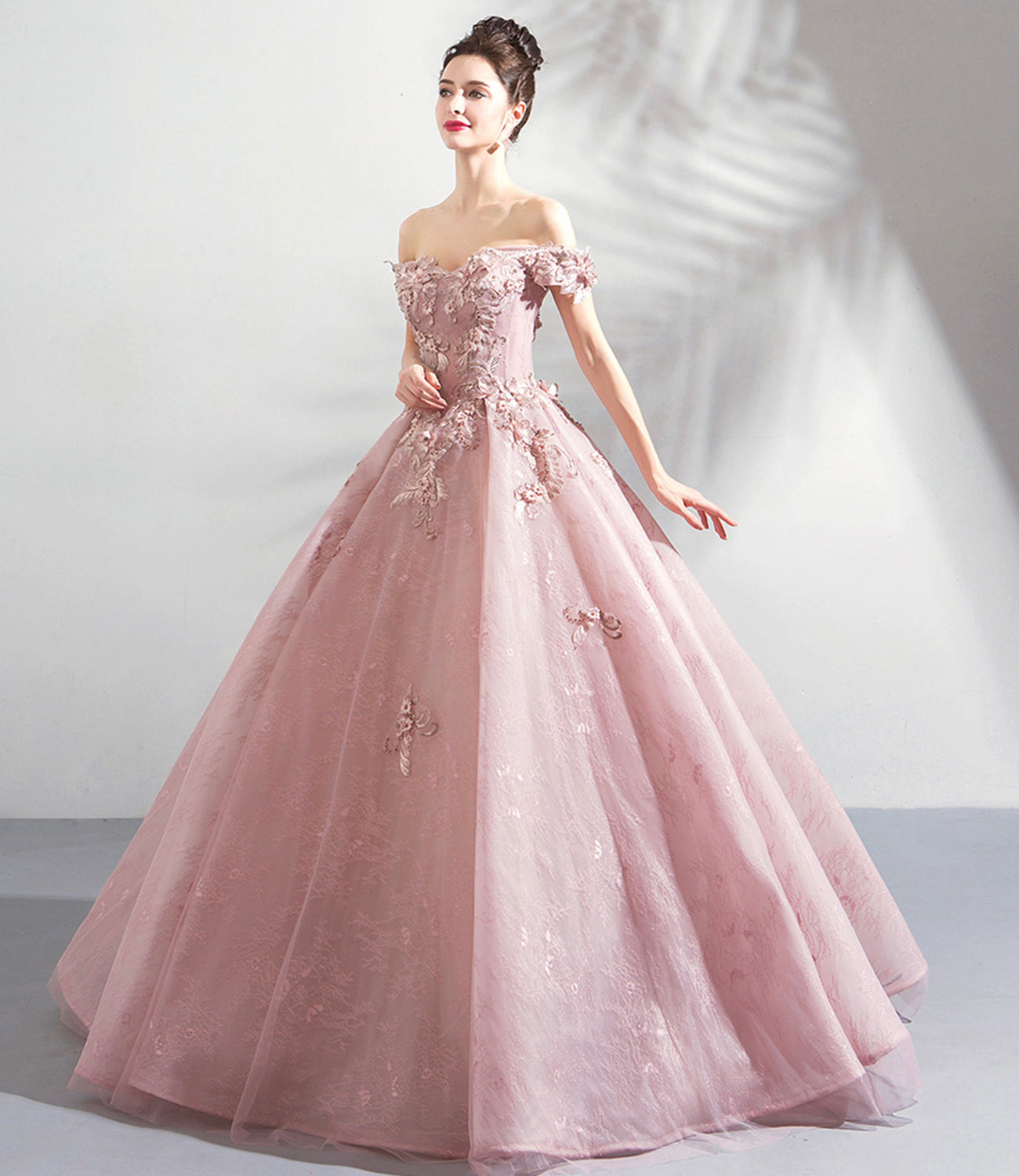 Pink tulle lace long prom dress A line evening gown HZ1023