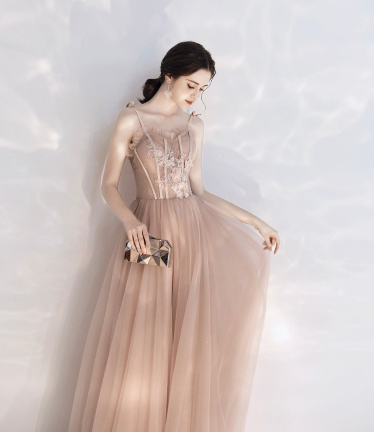 Stylish tulle lace long prom dress A line evening dress HZ1023