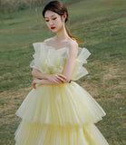 Yellow tulle long ball gown dress A line evening gown HZ1023