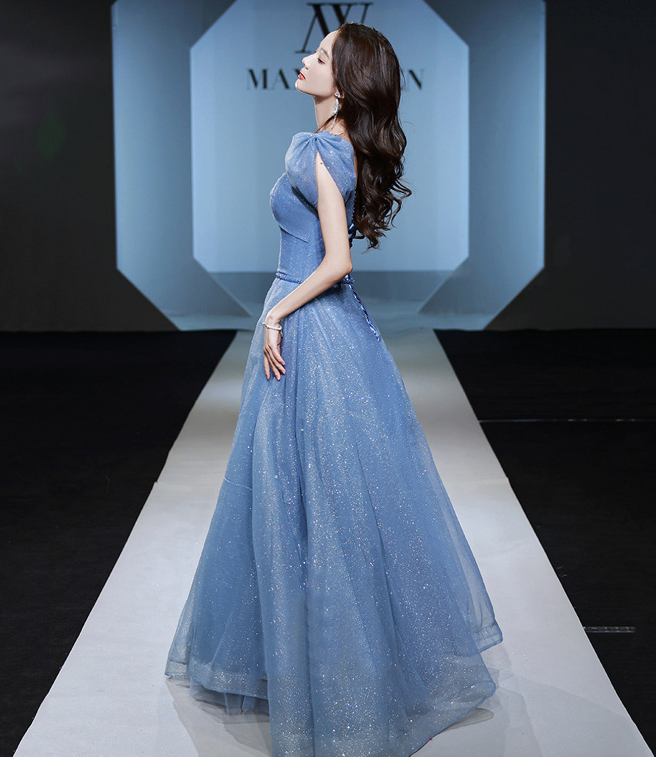 Blue tulle sequins long prom dress evening gown HZ1023