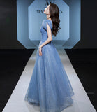 Blue tulle sequins long prom dress evening gown HZ1023