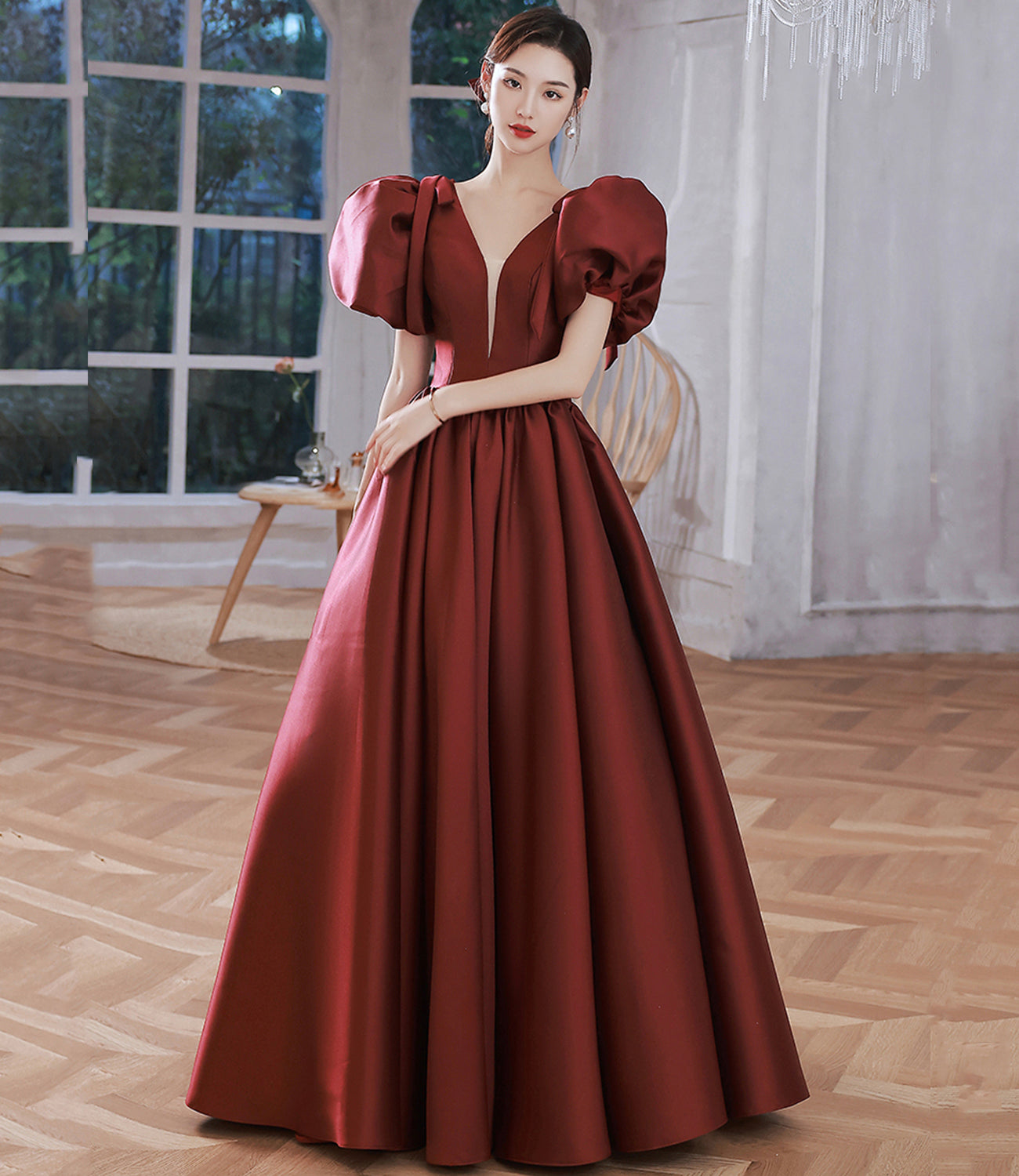 Burgundy v neck satin long prom gown A line formal gown HZ1023