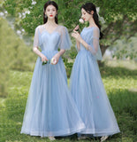 Blue tulle long A line prom dress bridesmaid dress HZ1023