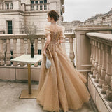 Gold tulle long prom dress A line evening dress HZ1023