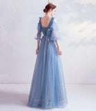 Blue v neck tulle long prom dress A line evening dress HZ1023