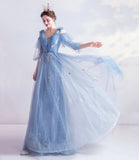 Blue v neck tulle long prom dress A line evening dress HZ1023
