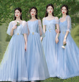Blue tulle long A line prom dress bridesmaid dress HZ1023