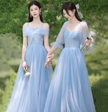 Blue tulle long A line prom dress bridesmaid dress HZ1023