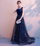 Blue v neck tulle sequins long prom dress blue evening gown HZ1023