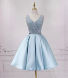 Blue v neck sequins short prom dress blue evening dress HZ1023