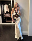 White/black satin fashion simple lace long slim fit ball gown evening dress HZ1023
