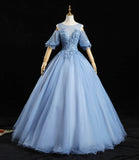 Blue tulle lace long prom dress A line evening dress HZ1023