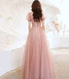Pink tulle long prom dress pink evening gown HZ1023