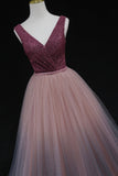 Shiny v neck tulle long prom gown formal dress HZ1023