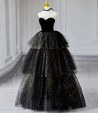 Black velvet tulle long ball gown dress black formal dress HZ1023