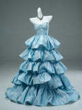 Shiny Stunning Blue Fashionable Elegant Long Satin Delicate Beads Floor Length Tiered Ruffled Ball Gown Evening Gown Graduation Gown Quincea?era Gown HZ1023