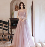 Pink tulle lace long A line prom dress evening gown HZ1023