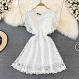 V-neck waistband shows thin, flying sleeve A-line lace dress HZ1023