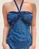 Dark Blue Fairy Mermaid Beaded Long Chiffon Formal Prom Evening Dress Wedding Guest Party Gown Dress Greek Halter Neck HZ1023