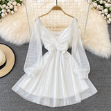 White V Neck Short Dress A Line Long Sleeve Dress HZ1023