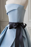New blue high split prom dress long strapless backless HZ1023