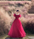 Red tulle beads long prom dress A line evening gown HZ1023