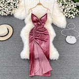 Slim open back split gold velvet dress suspender dress HZ1023