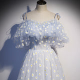 Blue tulle long A line prom dress blue evening ddress HZ1023