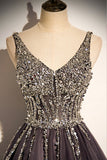 Stylish v neck tulle long prom dress A line evening dress HZ1023