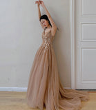Cute A line v neck lace long prom dress evening dress HZ1023
