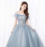Grey tulle lace long prom gown A line evening dress HZ1023