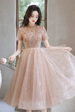 Cute tulle beads short prom dress A line party dress HZ1023