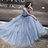 Blue tulle long A line prom dress evening dress HZ1023