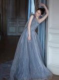 Blue tulle sequins long prom dress one shoulder evening dress HZ1023