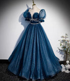Blue tulle sequins long prom dress blue evening gown HZ1023