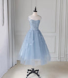 Blue tulle lace short A line prom dress party dress HZ1023