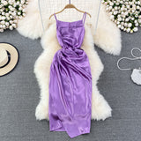 Slim and slim pleated sleeveless diagonal neck strap Hip Wrap Dress HZ1023