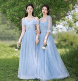 Blue tulle long A line prom dress bridesmaid dress HZ1023