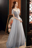 Cute tulle beads long A line prom dress evening dress HZ1023
