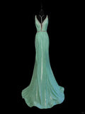 Mint Green Fashion Elegant V-neck Long Mermaid Slim Fishtail Skirt Satin Floor Length Train Ball Gown Evening Gown Party Dress Prom Dress HZ1023