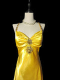 Yellow Fashion Elegant V-neck Exquisite Gem Long Mermaid Slim Fishtail Skirt Satin Floor Length Train Ball Gown Evening Gown Party Gown Prom Dress HZ1023