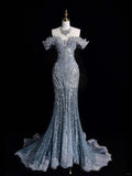 ???Silver Blue Luxurious Heavy Industry Sparkling Gorgeous Elegant Exquisite Beading Stunning Long Mermaid Dress Sequin Floor Length Trailing Prom Dress Evening Dress Wedding Dress HZ1023