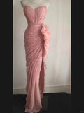 Pink elegant unique long tulle bias cut irregular pleated fishtail ball gown dinner party evening dress wedding adult ceremony birthday party HZ1023