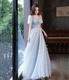 Cute tulle beads long prom dress blue evening dress HZ1023