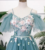 Blue v neck lace long prom gown blue evening dress HZ1023