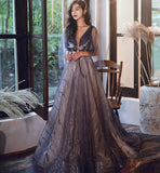 Blue v neck tulle lace long prom dress evening dress HZ1023