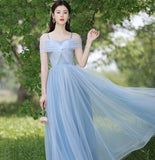 Blue tulle long A line prom dress bridesmaid dress HZ1023