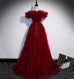 Burgundy tulle long prom dress A line evening gown HZ1023