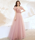 Cute tulle long prom dress pink A line evening dress HZ1023